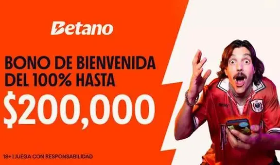 Pieza promocional naranja con la marca betano y un hincha celebrando junto al texto «Bono de bienvenida del 100% hasta $200.000» y el aviso 18+ juega con responsabilidad.