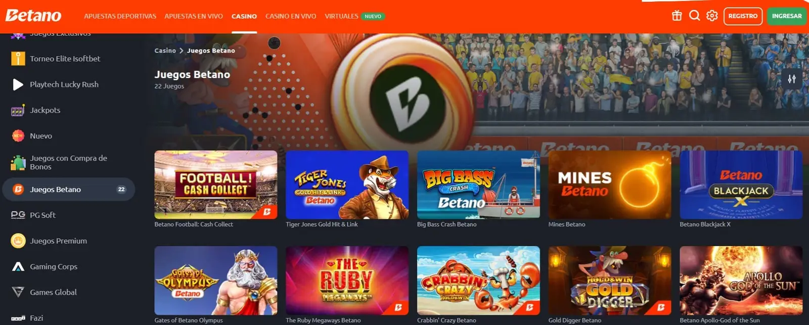 Pantalla del lobby de casino con el menú superior mostrando Apuestas Deportivas, Apuestas en Vivo, Casino, Casino en Vivo y Virtuales, una barra lateral con estudios proveedores y una grilla de portadas de juegos.