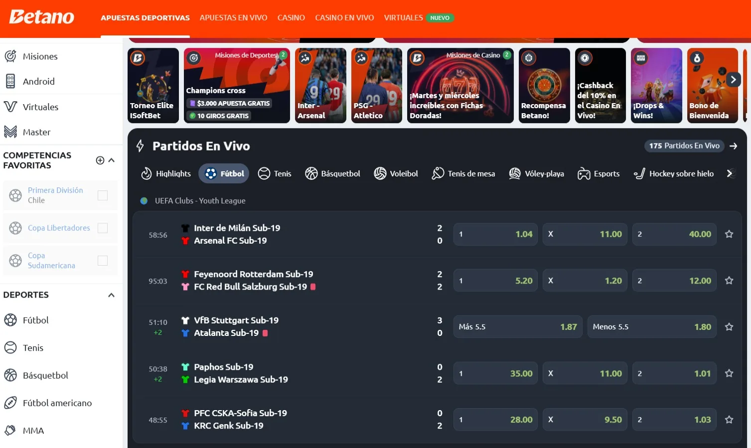 Sección de partidos en curso de una casa de apuestas, con el menú lateral de competencias chilenas, pestañas por deporte y una lista de encuentros donde cada fila lleva su cronómetro y tres cuotas; captura tomada por un medio deportivo chileno.