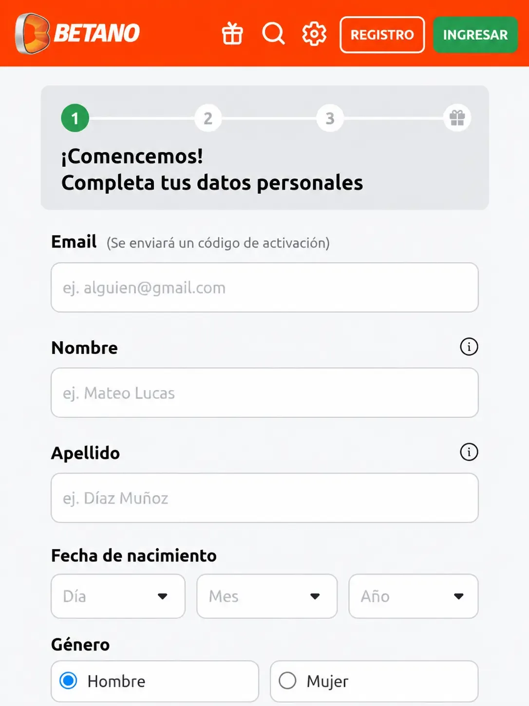 Primer paso del alta en pantalla de teléfono, con los campos de correo, nombre y fecha de nacimiento en blanco.