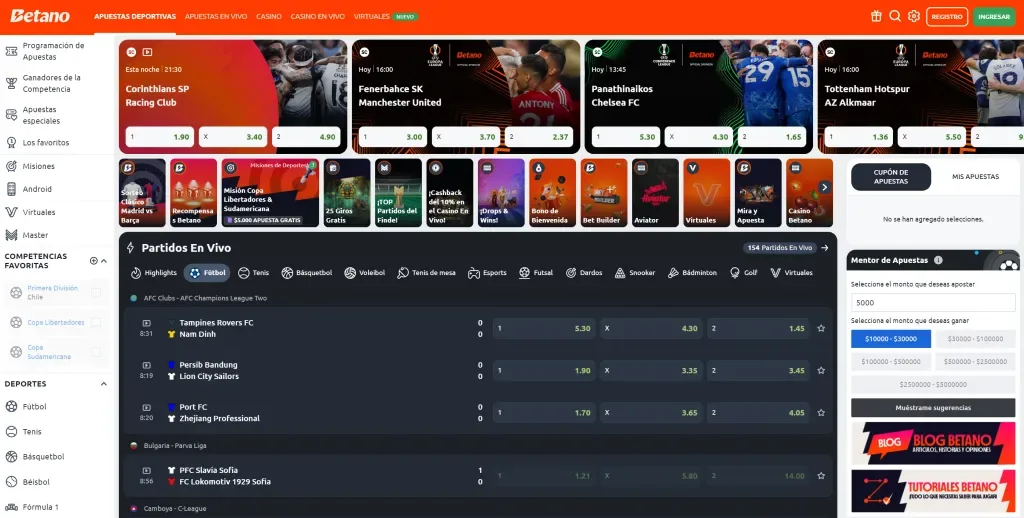 Portada de escritorio de una casa de apuestas con cuatro tarjetas de partidos programados y sus ternas de cuotas arriba, una fila de promociones al medio y el listado de encuentros en curso abajo; captura publicada por un medio deportivo.